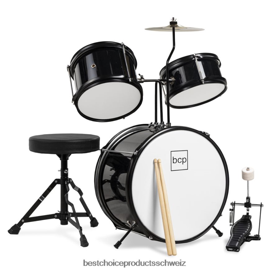 Best Choice Products 3-teiliges Anfänger-Trommelset für Kinder, Musikinstrumentenset mit Stöcken, Hocker und Pedal Schwarz 2JD022514
