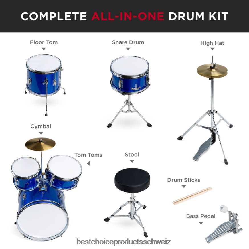 Best Choice Products Akustisches Schlagzeug-Starterset aus Vollholz für Kinder mit Hocker und Trommelstöcken Blau 2JD022544