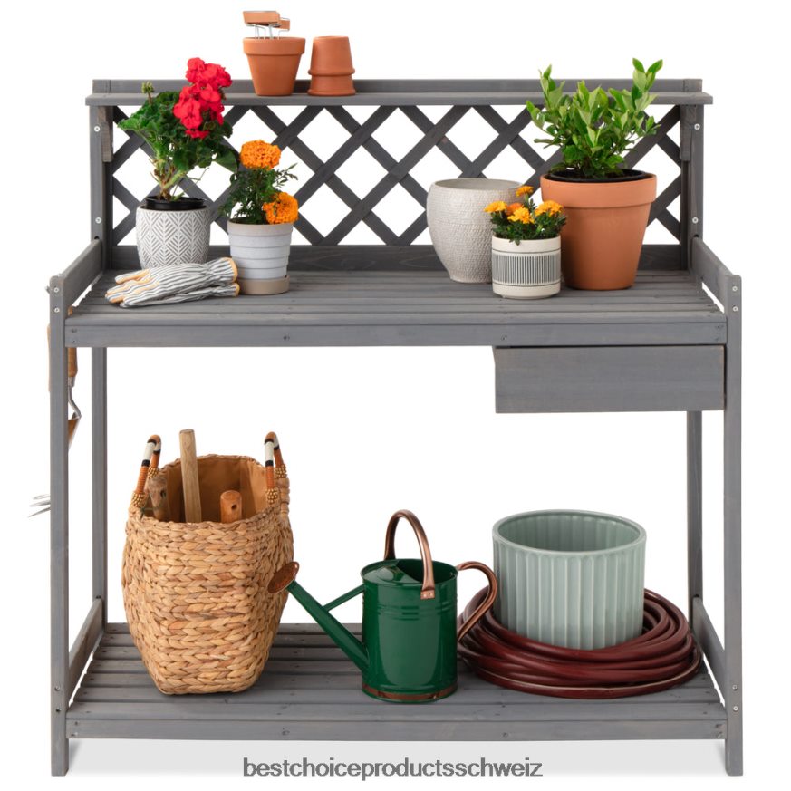 Best Choice Products Gartenarbeitsplatz aus Holz mit Schrankschublade und offenem Regal grau 2JD022952