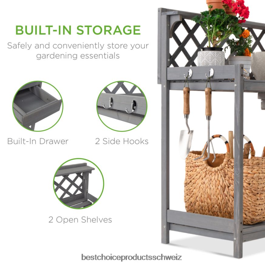 Best Choice Products Gartenarbeitsplatz aus Holz mit Schrankschublade und offenem Regal grau 2JD022952