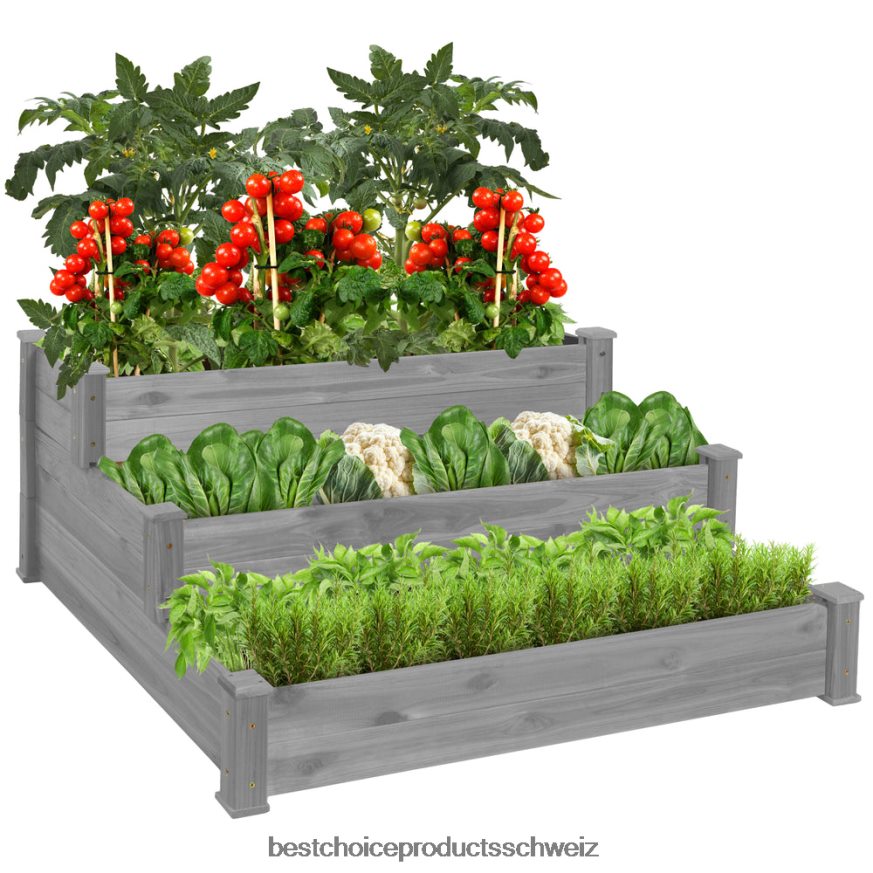 Best Choice Products Hochbeet-Pflanzgefäß aus Tannenholz mit 3 Ebenen, stapelbar und flach aufstellbar grau 2JD022978