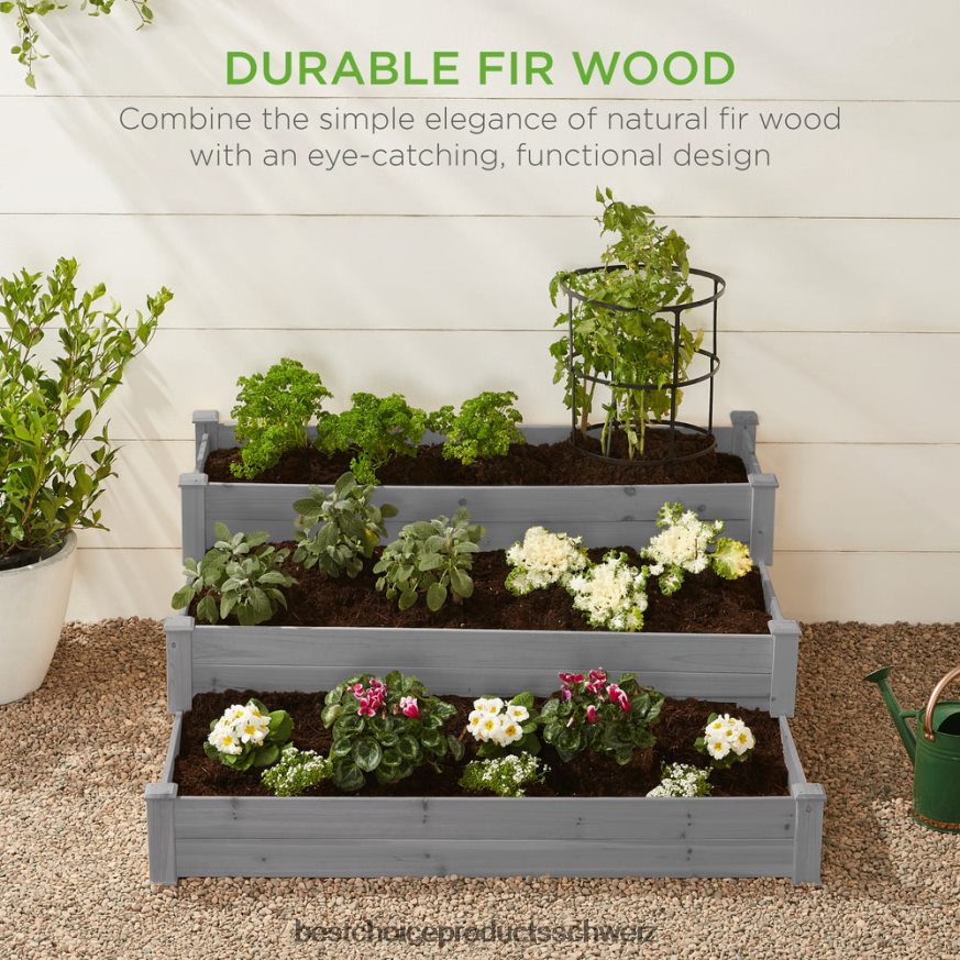 Best Choice Products Hochbeet-Pflanzgefäß aus Tannenholz mit 3 Ebenen, stapelbar und flach aufstellbar grau 2JD022978