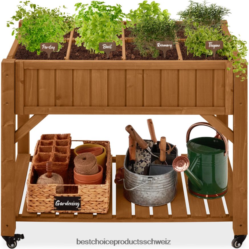 Best Choice Products Mobiles, mobiles Kräutergartenbeet mit feststellbaren Rädern und Ablagefach Eichelbraun 2JD022953