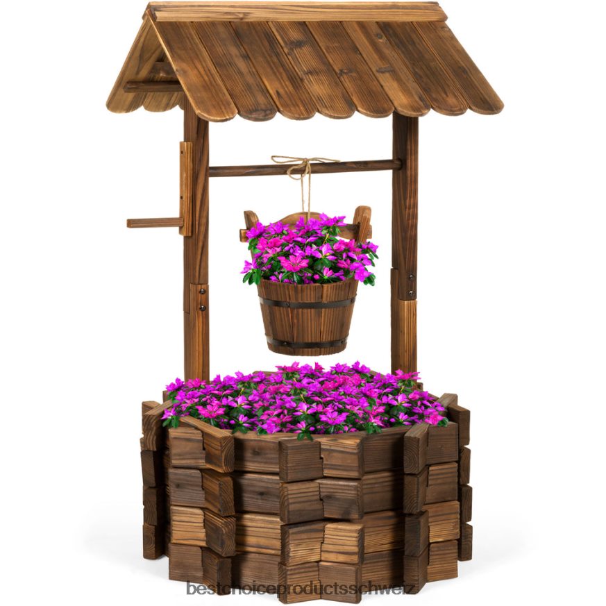 Best Choice Products Rustikale hölzerne Wunschbrunnen-Pflanzgefäß-Gartendekoration mit hängendem Eimer braun 2JD022955