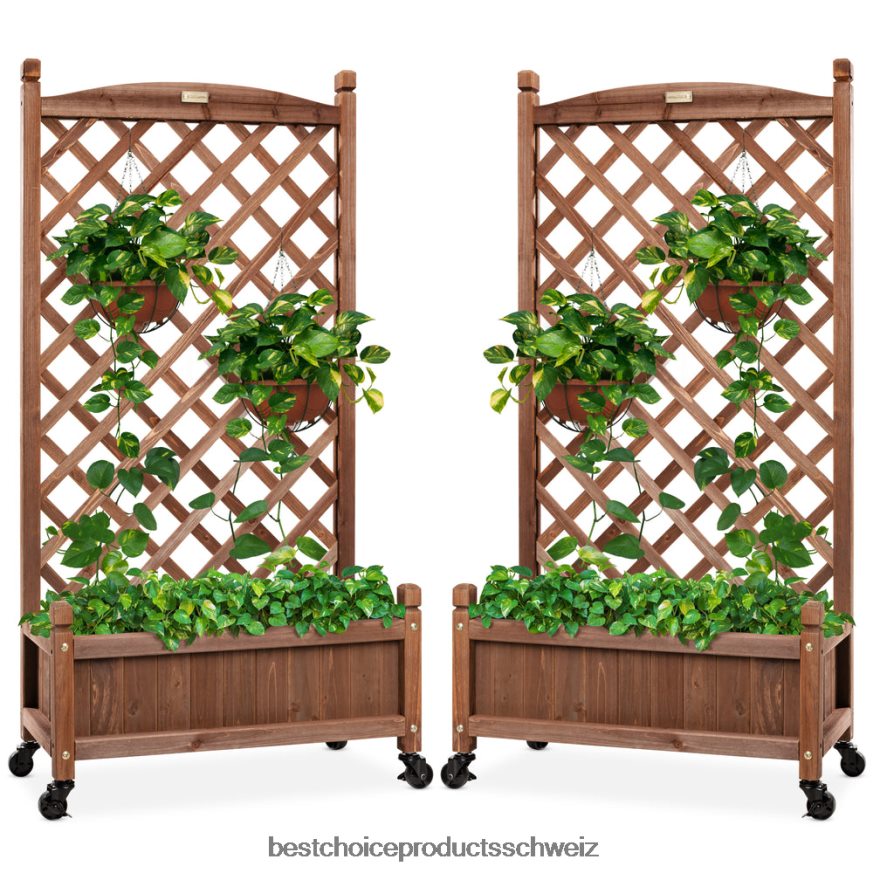 Best Choice Products Set bestehend aus 2 Pflanzkästen und Gittergitter aus Holz mit optionalen Rädern braun 2JD022475