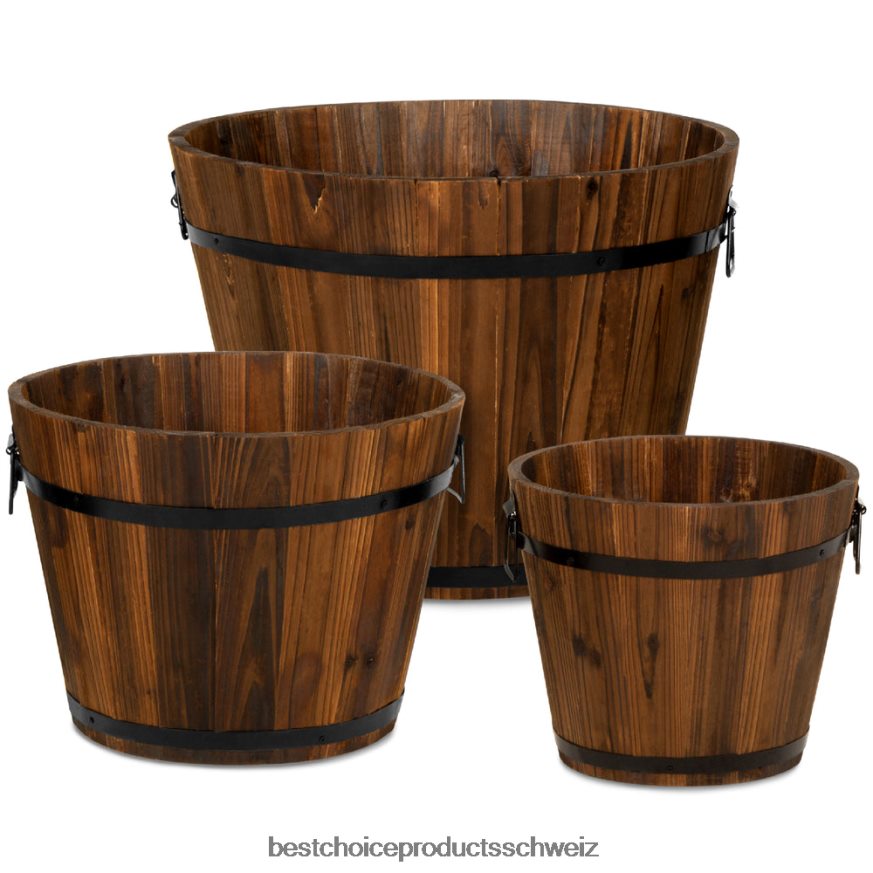 Best Choice Products Set mit 3 rustikalen Pflanzkübeln aus Eimern und Fässern aus Holz mit Entwässerungslöchern braun 2JD022954