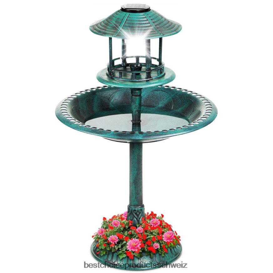 Best Choice Products Solarbeleuchtetes Vogelbad auf Sockel für den Außenbereich mit Pflanzgefäß, dekorativer Vogelkäfig Grün 2JD022982