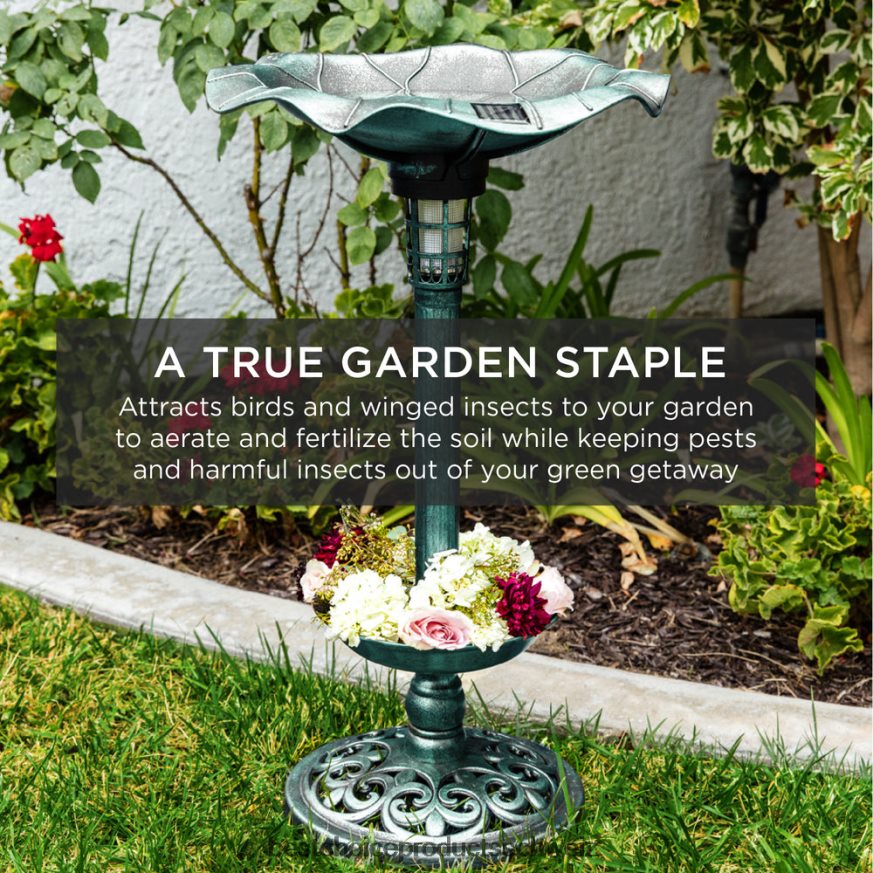 Best Choice Products Solarbeleuchtetes Vogelbad mit Pflanzgefäß Grün 2JD022454