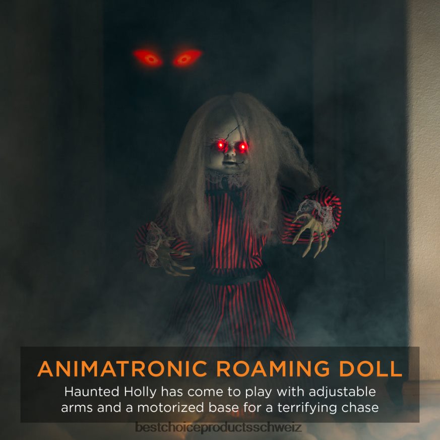 Best Choice Products Haunted Holly Animatronic Roaming Doll Halloween-Dekoration mit leuchtenden Augen Rot 2JD022221