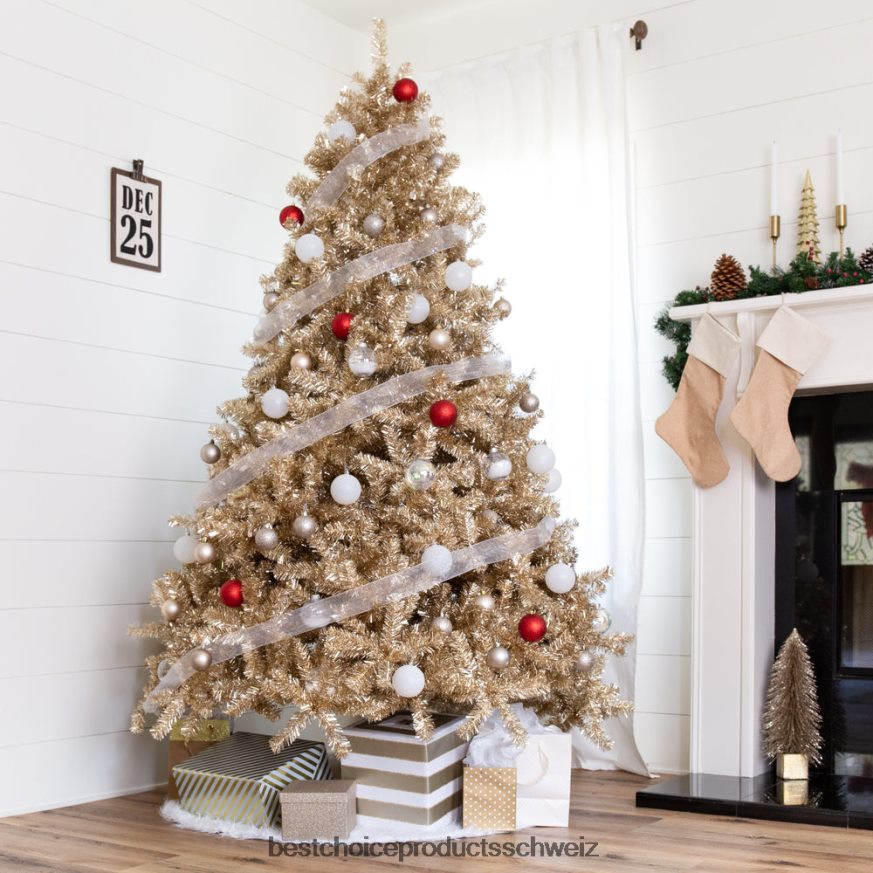 Best Choice Products Künstlicher Lametta-Weihnachtsbaum in Champagnergold mit klappbarem Ständer Schönheit 2JD022238