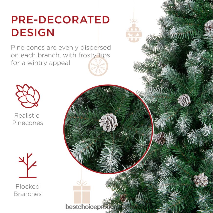 Best Choice Products Vorgeschmückter Weihnachtsbaum mit Tannenzapfen und beflockten Zweigspitzen Schönheit 2JD022102