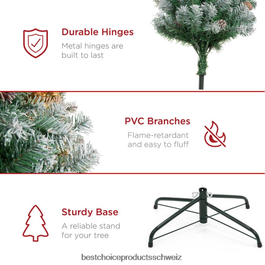 Best Choice Products Vorgeschmückter Weihnachtsbaum mit Tannenzapfen und beflockten Zweigspitzen Schönheit 2JD022102