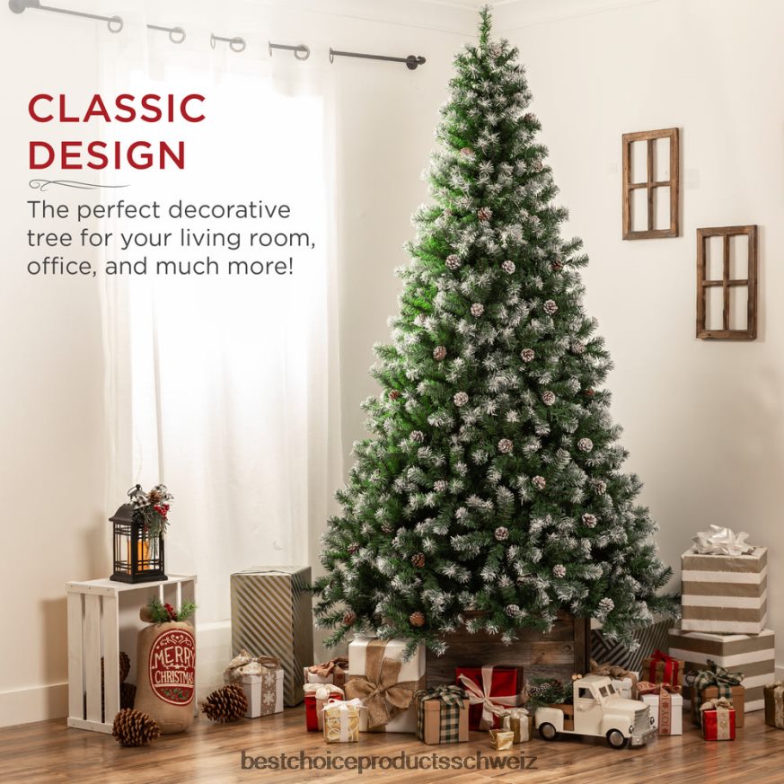 Best Choice Products Vorgeschmückter Weihnachtsbaum mit Tannenzapfen und beflockten Zweigspitzen Schönheit 2JD022104