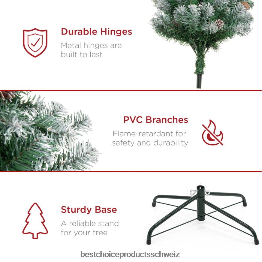 Best Choice Products Vorgeschmückter Weihnachtsbaum mit Tannenzapfen und beflockten Zweigspitzen Schönheit 2JD022104
