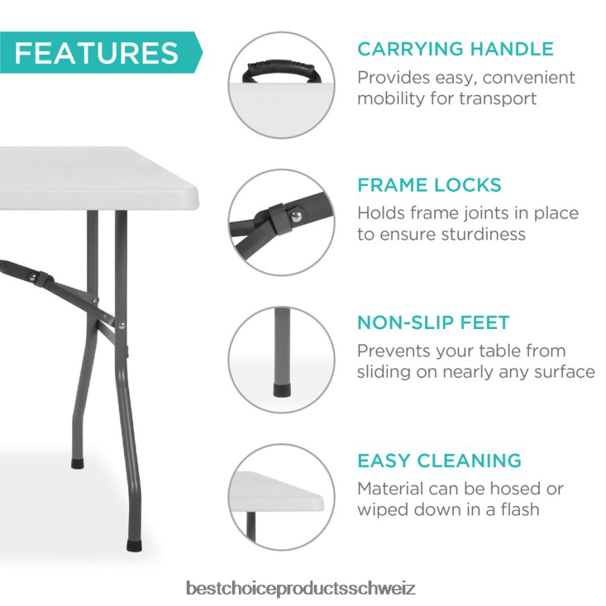 Best Choice Products Tragbarer klappbarer Esstisch aus Kunststoff mit Griff und Schloss Weiß 2JD022228