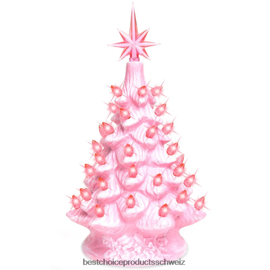 Best Choice Products 11 Zoll großer, beleuchteter, handbemalter Tisch-Weihnachtsbaum aus Keramik mit Lichtern Rosa 2JD022266