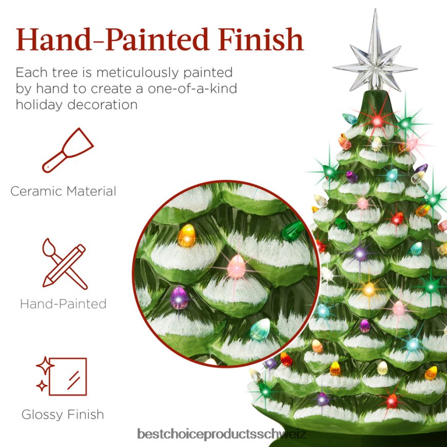 Best Choice Products Großer beleuchteter Weihnachtsbaumschmuck aus Keramik mit LED-Licht und Timer beflockt/grün 2JD022242