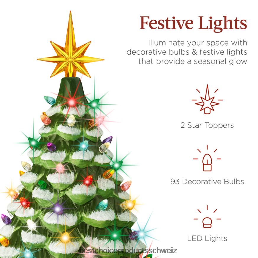 Best Choice Products Großer beleuchteter Weihnachtsbaumschmuck aus Keramik mit LED-Licht und Timer beflockt/grün 2JD022242
