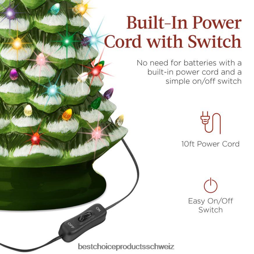 Best Choice Products Großer beleuchteter Weihnachtsbaumschmuck aus Keramik mit LED-Licht und Timer beflockt/grün 2JD022242