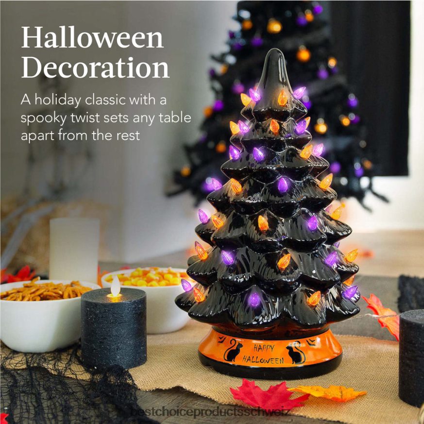 Best Choice Products Keramik-Halloween-Tischbaum mit orangefarbenen und violetten Glühbirnen Schwarz 2JD022219