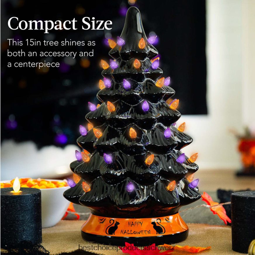 Best Choice Products Keramik-Halloween-Tischbaum mit orangefarbenen und violetten Glühbirnen Schwarz 2JD022219