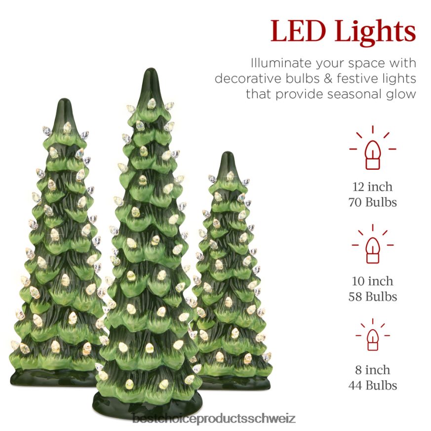 Best Choice Products Set mit 3 beleuchteten Tisch-Weihnachtsbäumen aus Keramik grün mit warmweißen Lichtern 2JD022205