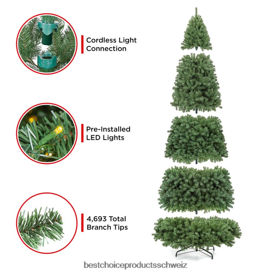 Best Choice Products Sofort beleuchteter, fusselfreier künstlicher Weihnachtsbaum aus Fichte mit Memory-Zweigen Mehrfarbig 2JD022131