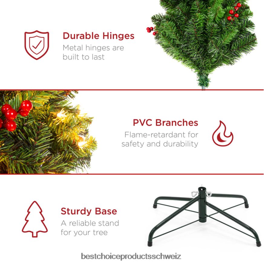 Best Choice Products Vorbeleuchteter Fichtenstift-Weihnachtsbaum mit Beeren und Tannenzapfen Schönheit 2JD022121