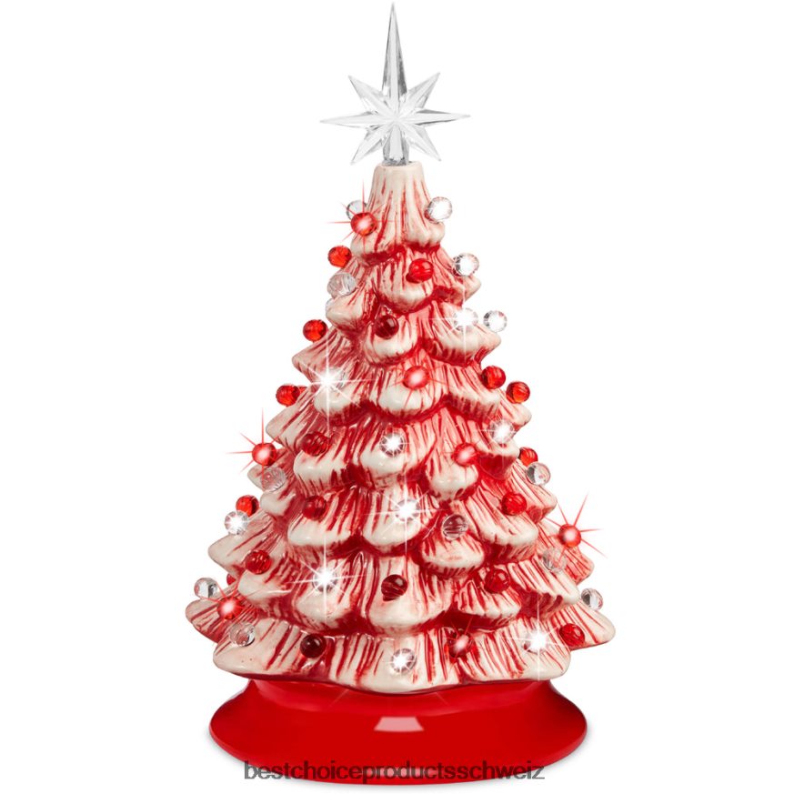 Best Choice Products Vorbeleuchteter Tisch-Weihnachtsbaum aus Keramik mit Lichtern – 15 Zoll Pfefferminze mit roten und weißen Lichtern 2JD022218