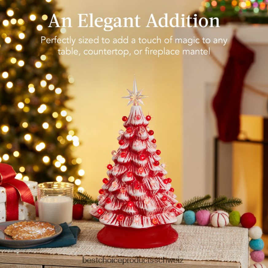 Best Choice Products Vorbeleuchteter Tisch-Weihnachtsbaum aus Keramik mit Lichtern – 15 Zoll Pfefferminze mit roten und weißen Lichtern 2JD022218