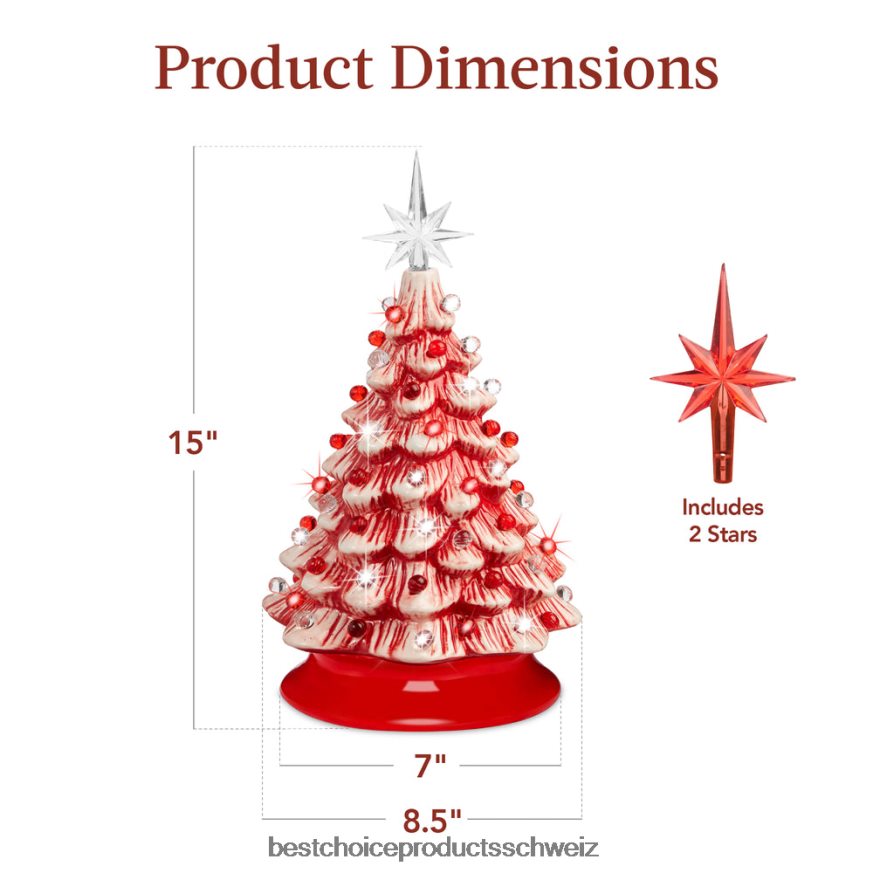 Best Choice Products Vorbeleuchteter Tisch-Weihnachtsbaum aus Keramik mit Lichtern – 15 Zoll Pfefferminze mit roten und weißen Lichtern 2JD022218