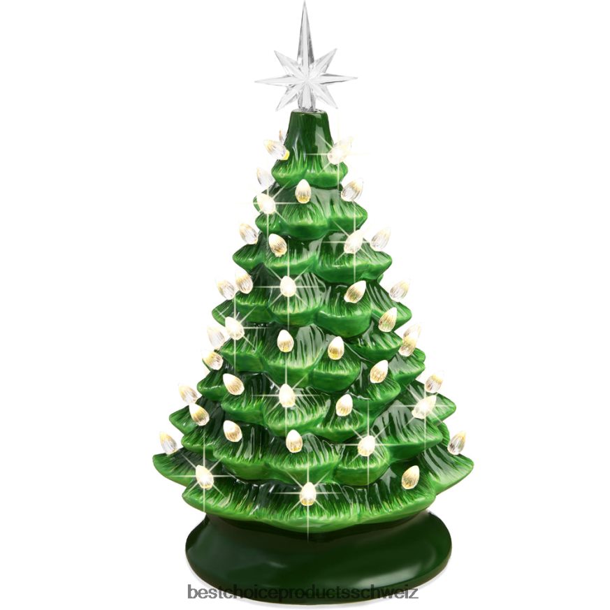 Best Choice Products Vorbeleuchteter Tisch-Weihnachtsbaum aus Keramik mit Lichtern – 15 Zoll grün mit warmweißen Lichtern 2JD022217