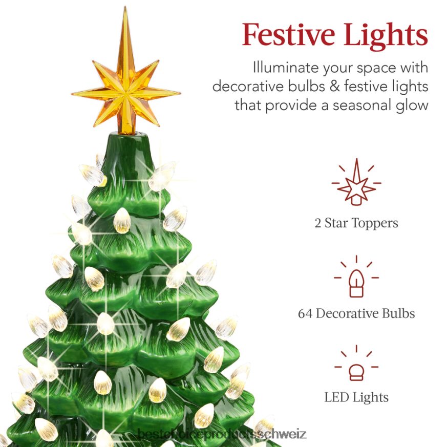 Best Choice Products Vorbeleuchteter Tisch-Weihnachtsbaum aus Keramik mit Lichtern – 15 Zoll grün mit warmweißen Lichtern 2JD022217