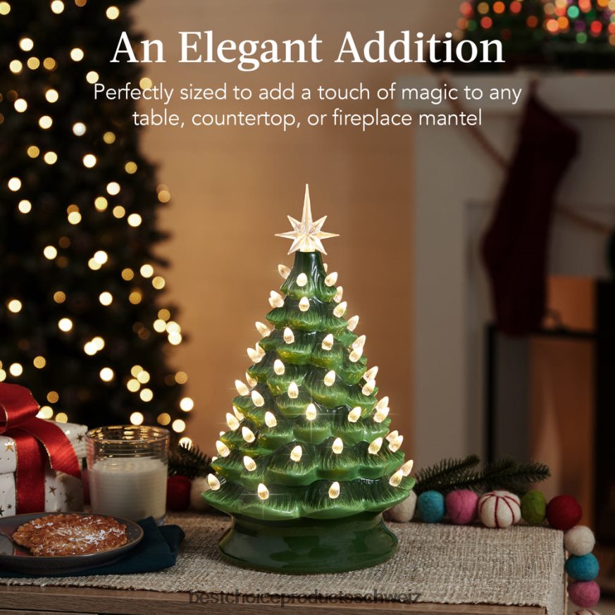 Best Choice Products Vorbeleuchteter Tisch-Weihnachtsbaum aus Keramik mit Lichtern – 15 Zoll grün mit warmweißen Lichtern 2JD022217