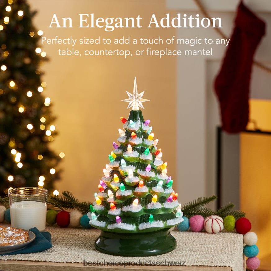 Best Choice Products Vorbeleuchteter Tisch-Weihnachtsbaum aus Keramik mit Lichtern – 15 Zoll mattiert mit mehrfarbigen Lichtern 2JD022214