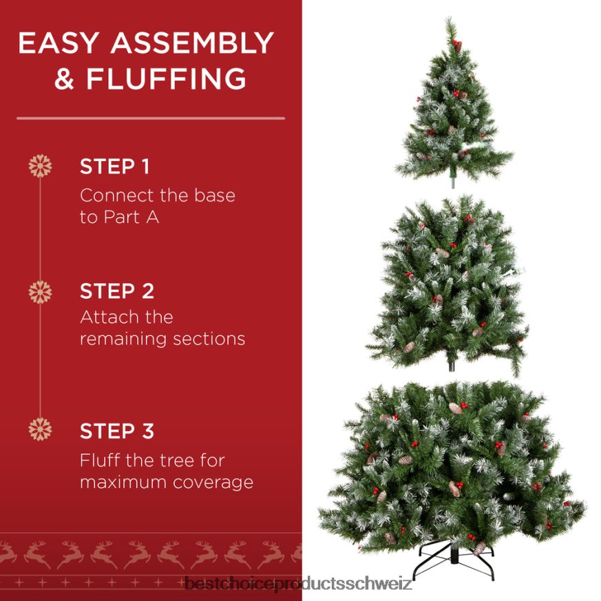 Best Choice Products Vorbeleuchteter Weihnachtskiefer mit Tannenzapfen und beflockten Zweigspitzen Beeren 2JD0221