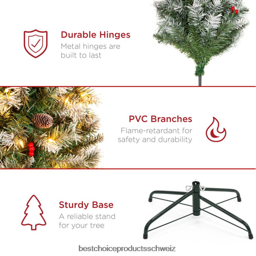 Best Choice Products Vorbeleuchteter Weihnachtskiefer mit Tannenzapfen und beflockten Zweigspitzen Beeren 2JD0221