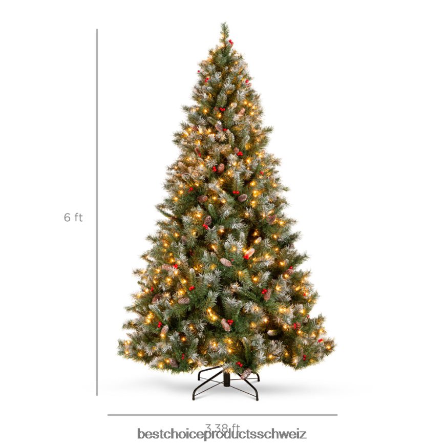 Best Choice Products Vorbeleuchteter Weihnachtskiefer mit Tannenzapfen und beflockten Zweigspitzen Beeren 2JD0221