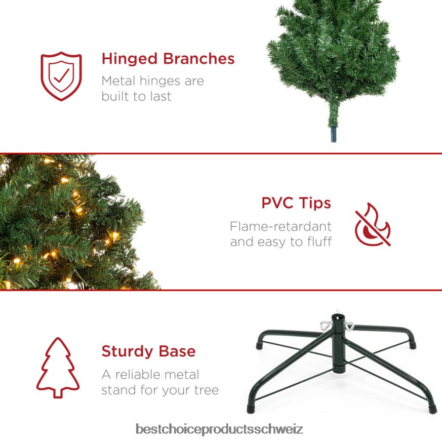 Best Choice Products Vorbeleuchteter künstlicher Weihnachtsbaum aus Fichte mit klappbarem Metallsockel Schönheit 2JD02225