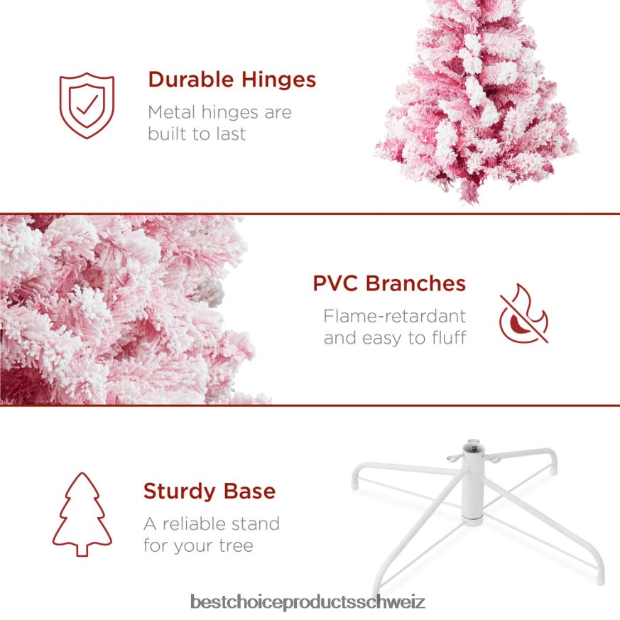 Best Choice Products Vorbeleuchteter rosa Weihnachtsbaum mit beflockter Weihnachtsdekoration und Metallsockel Schönheit 2JD022181