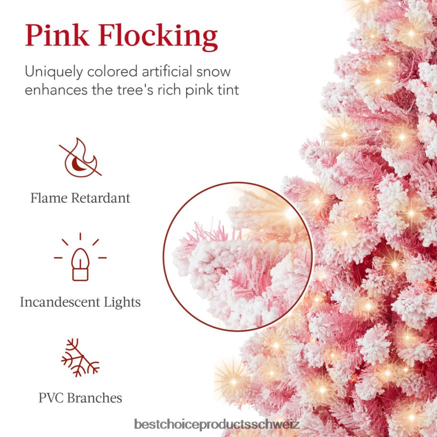 Best Choice Products Vorbeleuchteter rosa Weihnachtsbaum mit beflockter Weihnachtsdekoration und Metallsockel Schönheit 2JD022182