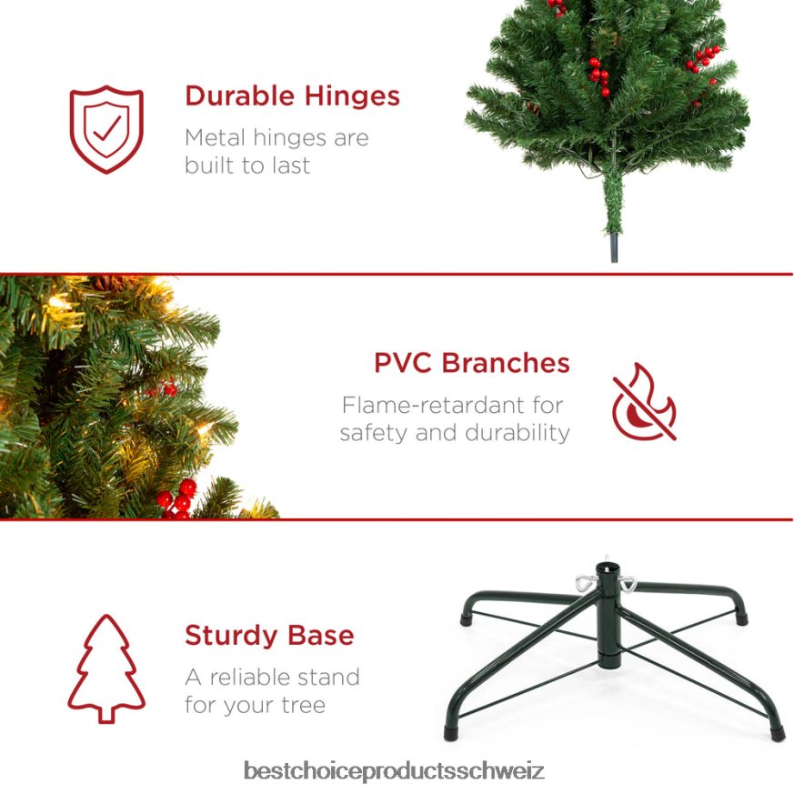 Best Choice Products Vorbeleuchteter, vorgeschmückter Weihnachtsbaum aus Fichte mit Tannenzapfen Beeren 2JD02255