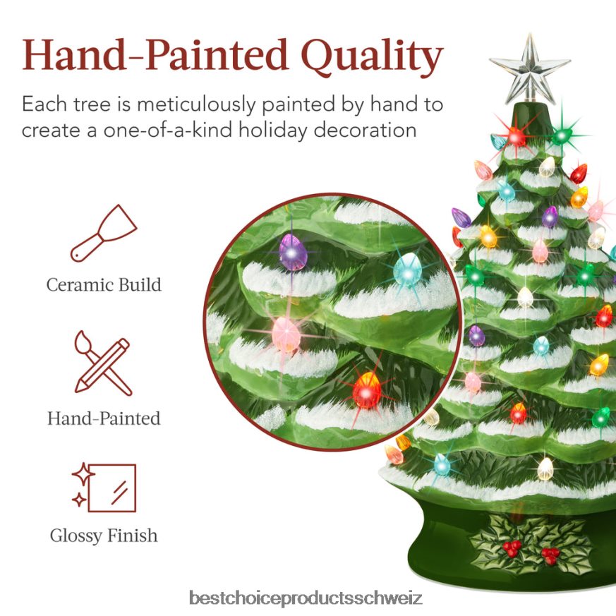 Best Choice Products XL beleuchteter Weihnachtsbaumschmuck aus Keramik mit LED-Licht und Timer beflockt/grün 2JD022165