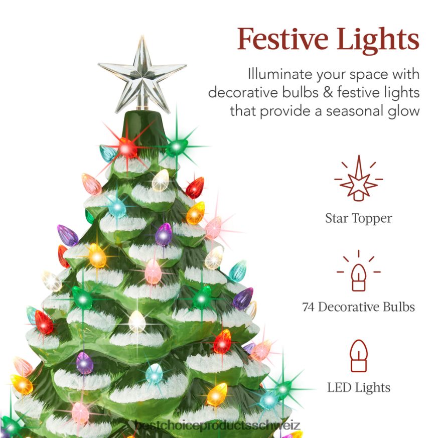 Best Choice Products XL beleuchteter Weihnachtsbaumschmuck aus Keramik mit LED-Licht und Timer beflockt/grün 2JD022165