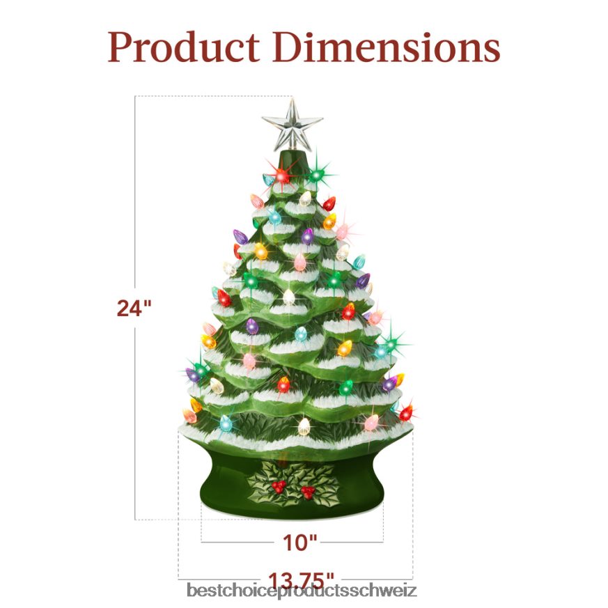 Best Choice Products XL beleuchteter Weihnachtsbaumschmuck aus Keramik mit LED-Licht und Timer beflockt/grün 2JD022165