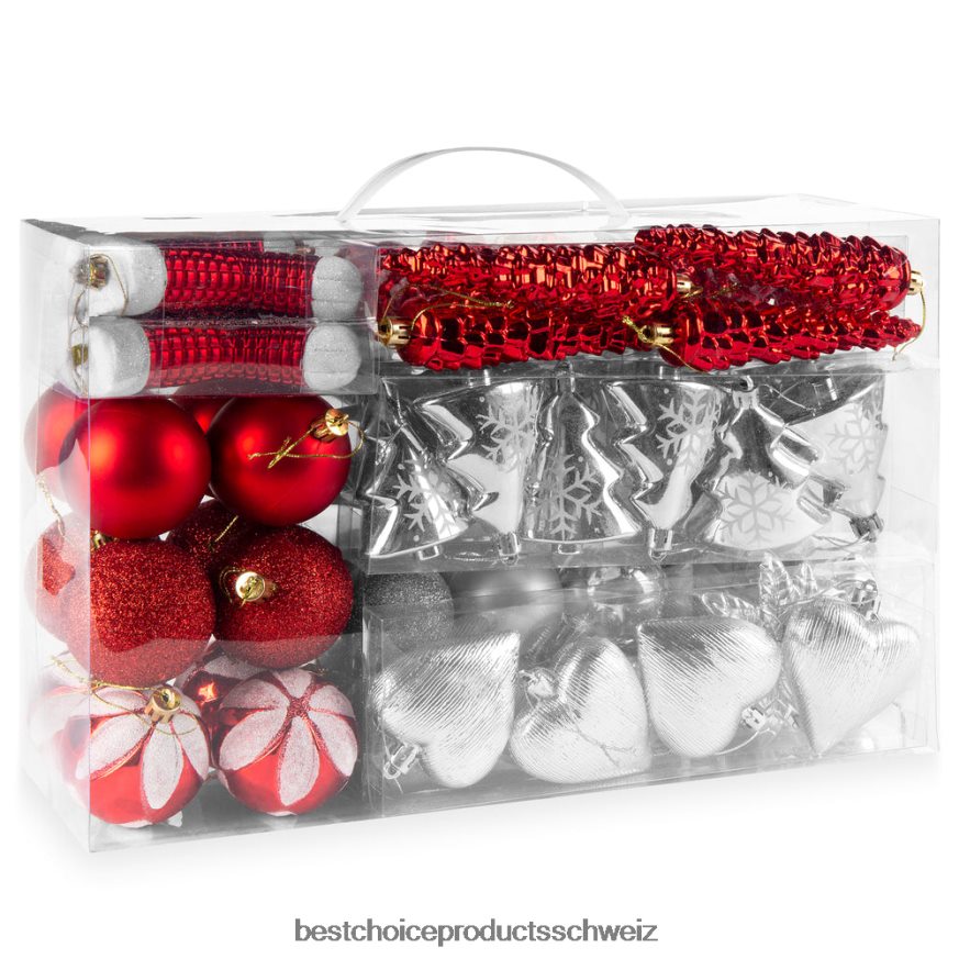 Best Choice Products Set mit 72 handgefertigten, bruchsicheren Weihnachtsschmuck-Weihnachtsdekorationen rot/silber 2JD022269
