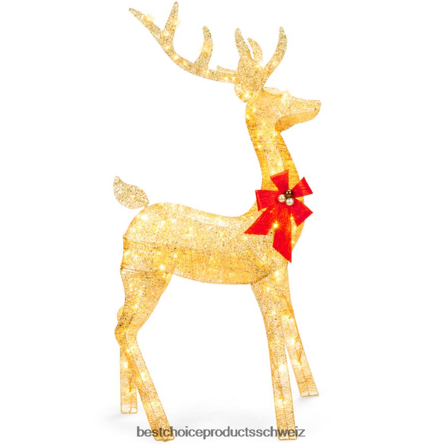 Best Choice Products 1,5 m große, vorbeleuchtete 3D-Glitzer-Weihnachts-Rentier-Gartendekoration mit 150 Lichtern Gold 2JD02265