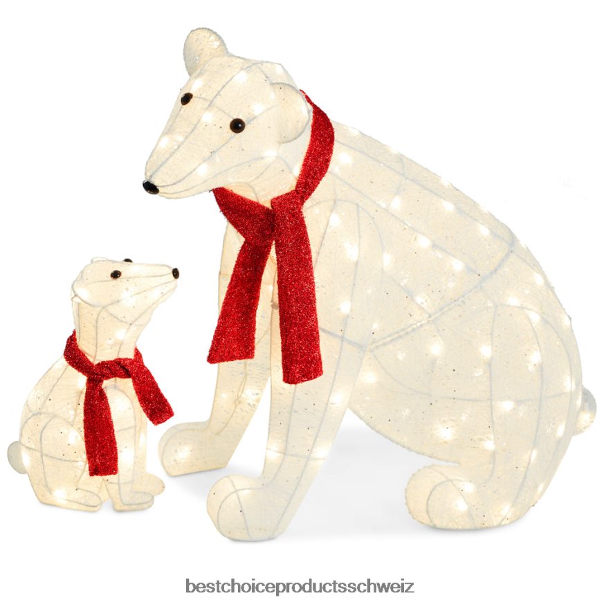 Best Choice Products 2-teiliges beleuchtetes Outdoor-Dekorationsset für die Eisbärenfamilie mit LED-Leuchten rot-Weiss 2JD02298