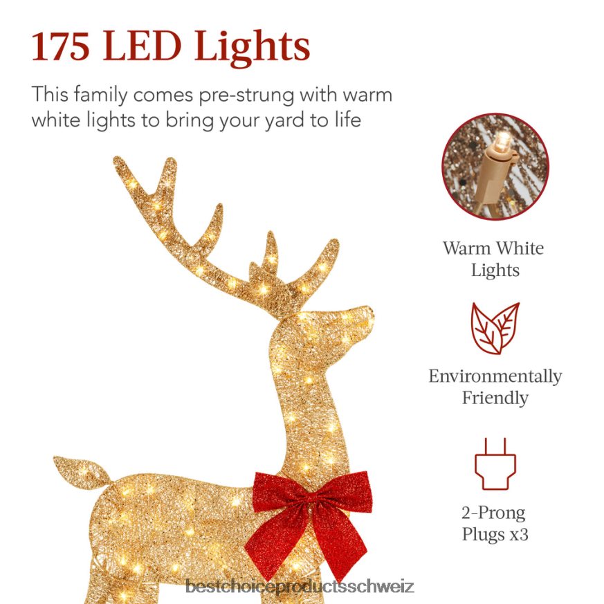 Best Choice Products 3-teiliges beleuchtetes 2D-Weihnachtshirsch-Set für den Außenbereich mit 175 LED-Lichtern Gold 2JD022236