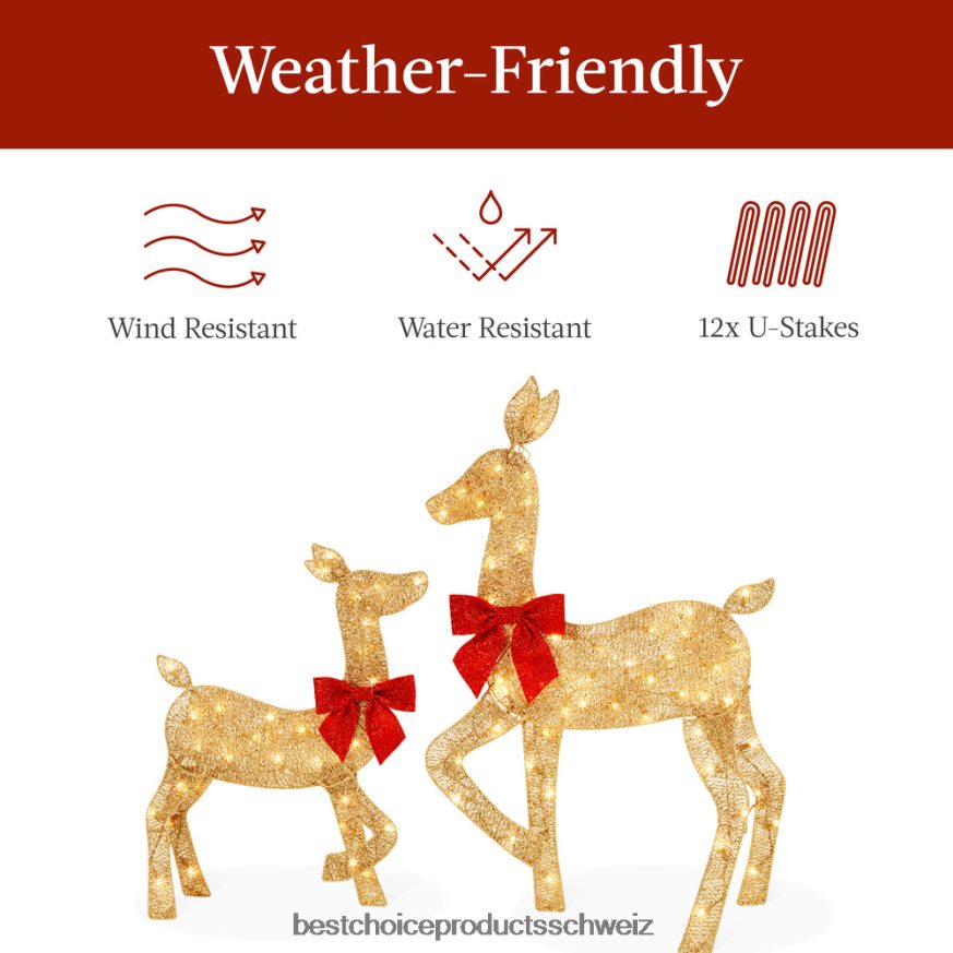Best Choice Products 3-teiliges beleuchtetes 2D-Weihnachtshirsch-Set für den Außenbereich mit 175 LED-Lichtern Gold 2JD022236